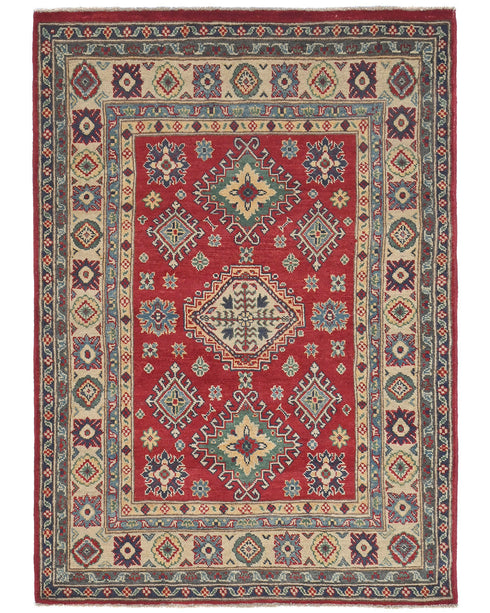 4x6 Red Kuba Afghan Hand Knotted Wool Area Rug